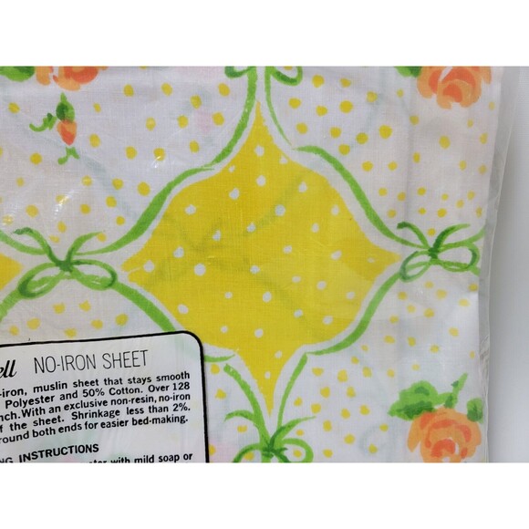 Vintage NIP Lady Pepperell Muslin Full Fitted Sheet Green Yellow Ribbon Floral - Picture 5 of 5